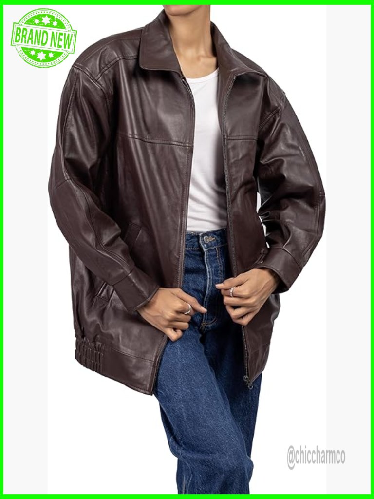 Oversized Lambskin Leather Jacket Women's Relaxed Fit Long Sleeve